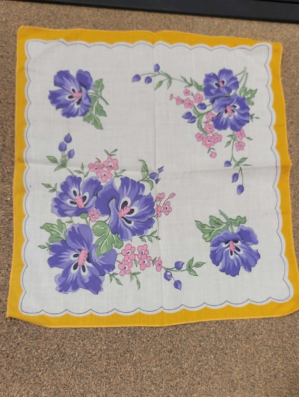 1950s Floral Purple & Yellow Cotton Handkerchief- Home Decorating  Dining